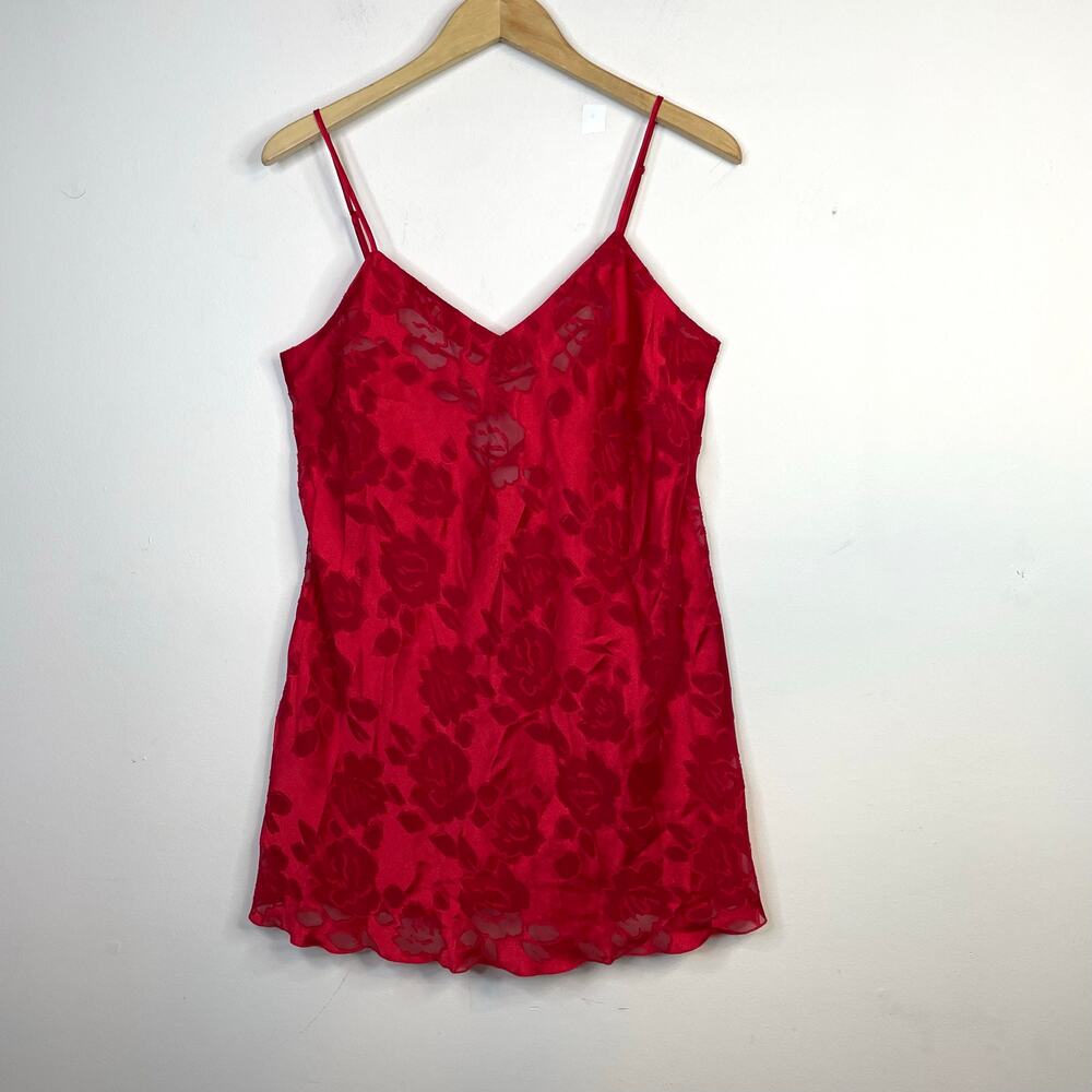 Victorias Secret Vintage Gold Label Red Burnout Floral Satin Bow Slip Dress L